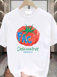 Camiseta Casual para Mujer, Estilo Y2K, con Estampado de Tomate - Suave, Transpirable, Corte Holgado, con Estampado "PAC Delicious Fruit Vitamin P, A, C" - Top Casual de Verano para Mujer - Camiseta Blanca para Atuendos Casuales y Eventos Temáticos, Diseño Divertido, Tela Cómoda, Corte Relajado, Cuello Redondo, Material Ligero, Manga Corta, 100% Algodón, Duradera - Blanco - Ver 1