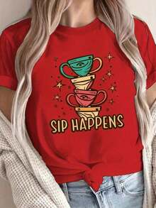 Nueva Camiseta Casual de Verano para Mujer, GraphicTees Coffee Uncertainty, ajuste cómodo, 100% algodón - Estilo Vintage Urbano Unisex, Camiseta de Manga Corta de Algodón Suelto con Cuello Redondo - Rojo - Ver 6