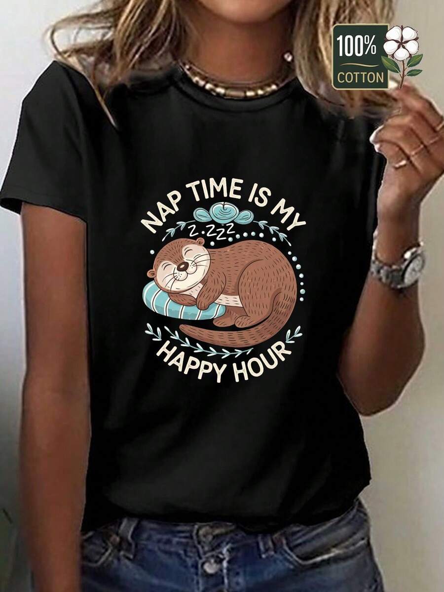 Camiseta cómoda de algodón puro para mujer Otter Sleep - Negro - Ver 1