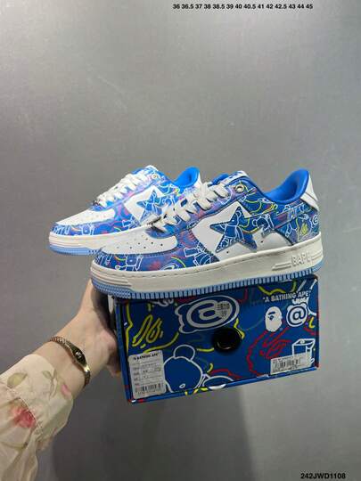  أحذية سكيت كاجوال من A BATHING APE Bape، أحذية رياضية ذات شعار نجمي ملون ولامع، أبيض وأزرق مرشوش، للجنسين