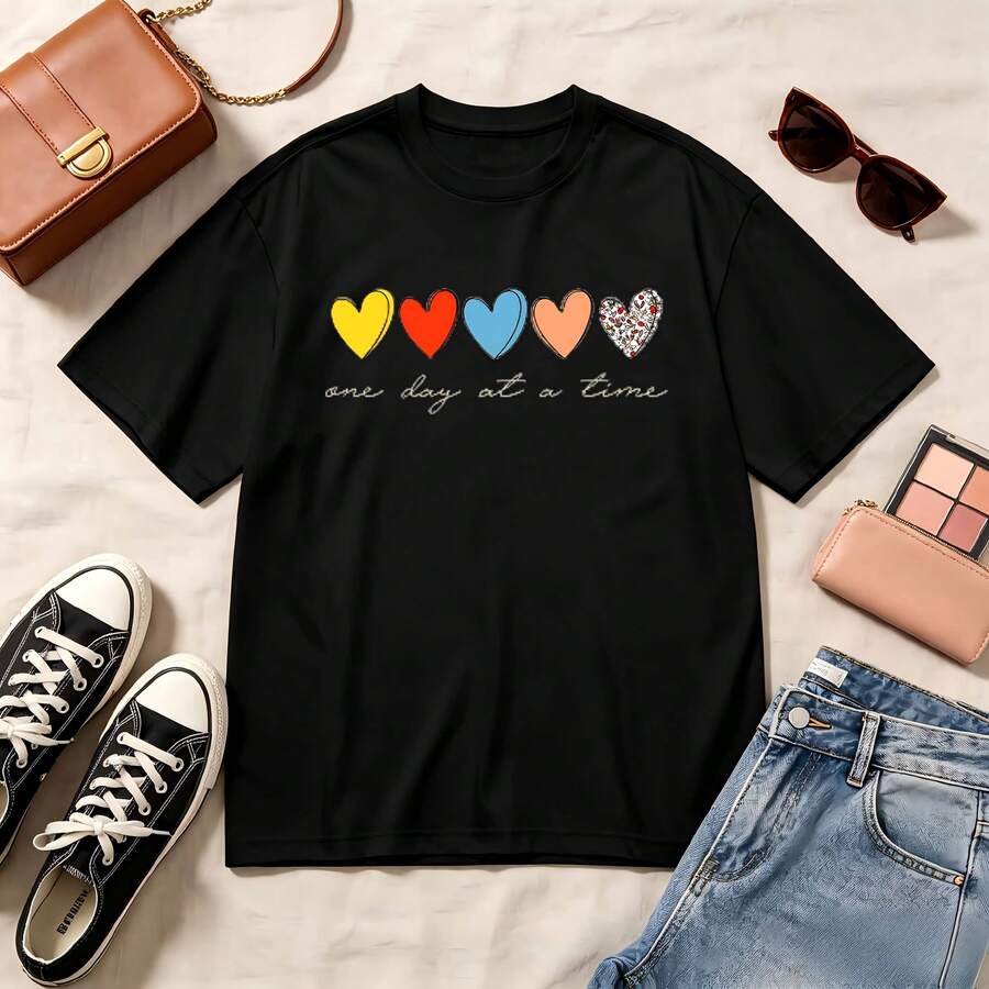 Casual Crewneck, Short Sleeve Top, 100% Cotton, Oversized, Soft Breathable, Kawaii Aesthetic, Summer Vibes, Romantic Heart Design, Everyday Wear, Women's Fashion - Negro - Ver 1