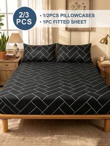 South Life 2/3 Pcs Printed Bed Sheets Set, Bedding, Bed Sheet Set, Mothers Day Decor, Soft And Comfortable Bedding, Room Decor, Mothers Day Gift, Skin-Friendly Bed Cover Set, Mattress Protector For Bedroom, For All Season, Fits Twin Full King Queen Size Bed, 1 Fitted Sheet And 1/2 Pillowcases, Machine Washable - 黑白格 - 查看 2
