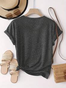 Glitter Heart Print T-Shirt With Leopard Print Design,  And Breathable, Suitable For Family Trips, School Activities, Casual Sports, Daily Commutes, Matching Sister Outfits, Versatile T-Shirt. 9XO7 - 深灰色 - 查看 5