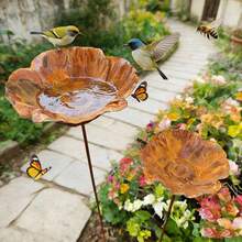 2pcs Rusty Metal Floral Decorative Bird Bath Feeder, Vintage Distressed Garden Art, Yard Lawn Backyard Decoration Bird Feeder - Bird Feeder - View 5