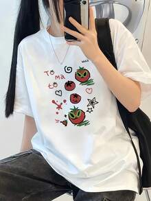 Camiseta holgada de verano para mujer con cuello redondo - Lindo estampado de letras de tomate, top transpirable de manga corta con cuello redondo, ropa cómoda para uso diario, camisa estilo commuter - Blanco - Ver 6