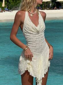 Vestido irregular sexy semitransparente de encaje para mujer con cuello colgante y cuello bajo, vestido ceñido a la cintura - Aire - Ver 3