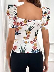 Camiseta con estampado floral escote corazón de manga farol - Blanco - Ver 2