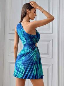 sin mangas con cuello asimétrico plisado, estampado de teñido anudado para mujeres - Multicolor 2 - Ver 4