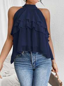 Blusa de gasa con volantes asimétricos y cuello suelto - Azul marino - Ver 6