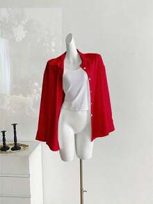 Camisa casual/de trabajo de manga larga, de un solo pecho y de unicolor para mujer de talla grande - Multicolor - Ver 6