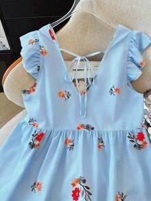 Blusa de mujer de talla grande con estampado floral de gasa, estilo casual de frente abierto tipo resort, versátil para primavera, verano y otoño - Azul - Ver 7