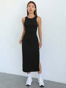 Vestido tank unicolor de muslo con abertura - Negro - Ver 6