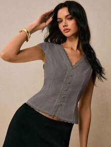 Blusa de mujer de unicolor con diseño de botones y encaje en contraste - Gris - Ver 6