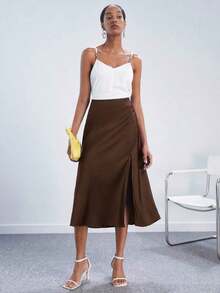 Falda elegante y romántica de línea A con abertura lateral en color blanco crema, versátil para ir al trabajo, uso diario, estilo retro de los 90, Navidad, Año Nuevo, San Valentín, fiestas, playa, graduación, moda, carnaval, vac - Marrón - Ver 4