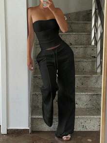 Conjunto de 2 piezas de ropa de otoño Vaiaye: Top corto ajustado y sexy sin tirantes, camiseta básica de unicolor elástica y ajustada, top tipo bandeau para yoga; Conjunto de pantalones para primavera/verano - Negro - Ver 11