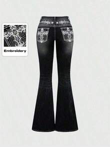 1ROMWE Grunge Punk Spring Black Y2K Retro Xplosion Pocket Cross Wing Embroidery Slim Fit Flare Leg Low Waist Jeans For Women 0GUN - 黑色 - 查看 1