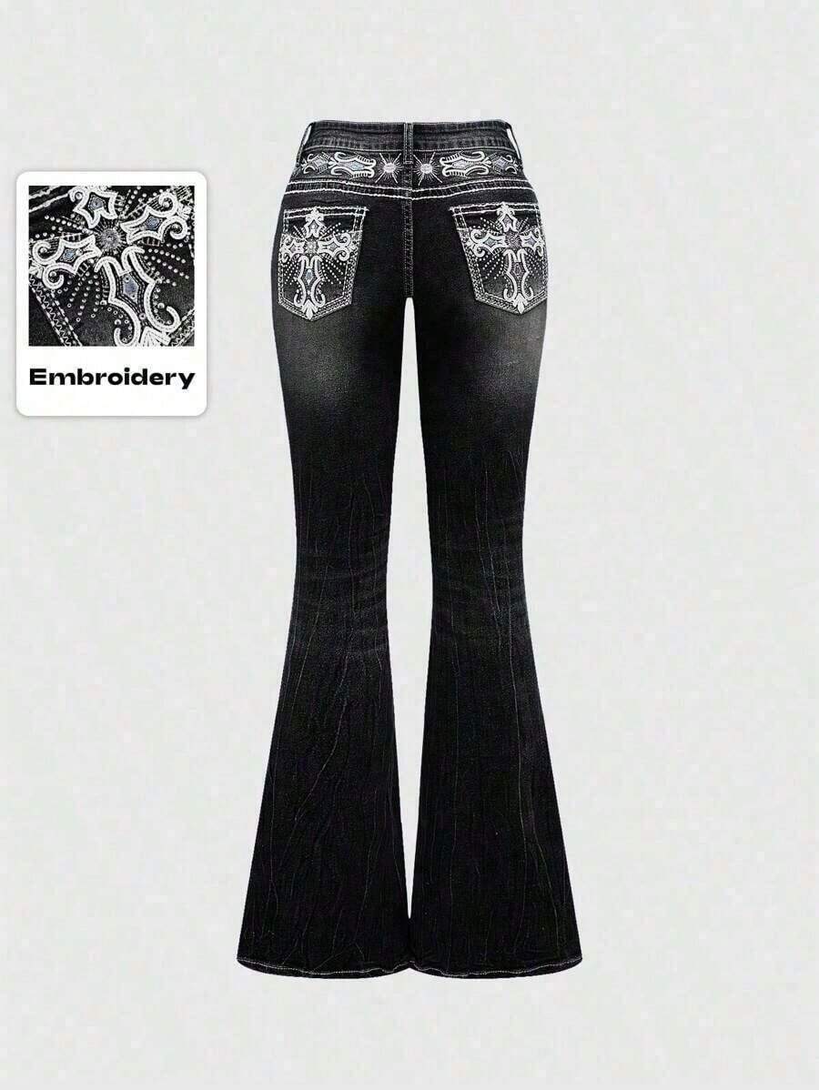1ROMWE Grunge Punk Spring Black Y2K Retro Xplosion Pocket Cross Wing Embroidery Slim Fit Flare Leg Low Waist Jeans For Women 0GUN - 黑色 - 查看 1
