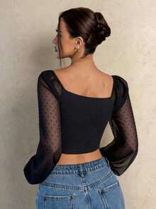 Blusa de manga farol con cuello de corazón y pliegues, corta - Negro 2 - Ver 2