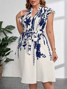Vestido con estampado gráfico, cuello con muesca, volantes, cinturón, lunares, vestidos para mujer, vestidos casuales de primavera, vestidos de picnic, vestidos de verano, vestidos de primavera, vestidos de festival, vestidos de Pascua, vestid - Azul marino - Ver 5