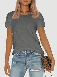 2026 Nueva Moda en Ropa OUTBALL Camisetas de Manga Corta para Mujer, Cuello Redondo, Tops Básicos de Moda, Corte Holgado, Ropa Casual de Verano, Prendas Suaves - Gris - Ver 5