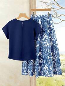 Set de 2 piezas Blusa de unicolor + Falda estampada con flores moradas de estilo casual de vacaciones para mujer, Conjunto de verano para mujer, Conjunto de falda y blusa, Conjunto de falda y blusa para mujer, Conjunto de falda estampada de pri - Multicolor - Ver 2