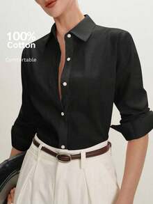2026 Nueva Camisa Básica Versátil y Elegante para Mujer con Botones Delanteros y Cuello Mao en Color Azul Claro, Adecuada para Ir al Trabajo, Uso Diario, Estilo Retro de los 90, Navidad, Año Nuevo, Fiesta de San Valentín, Playa, Graduación, Moda, - Negro - Ver 1