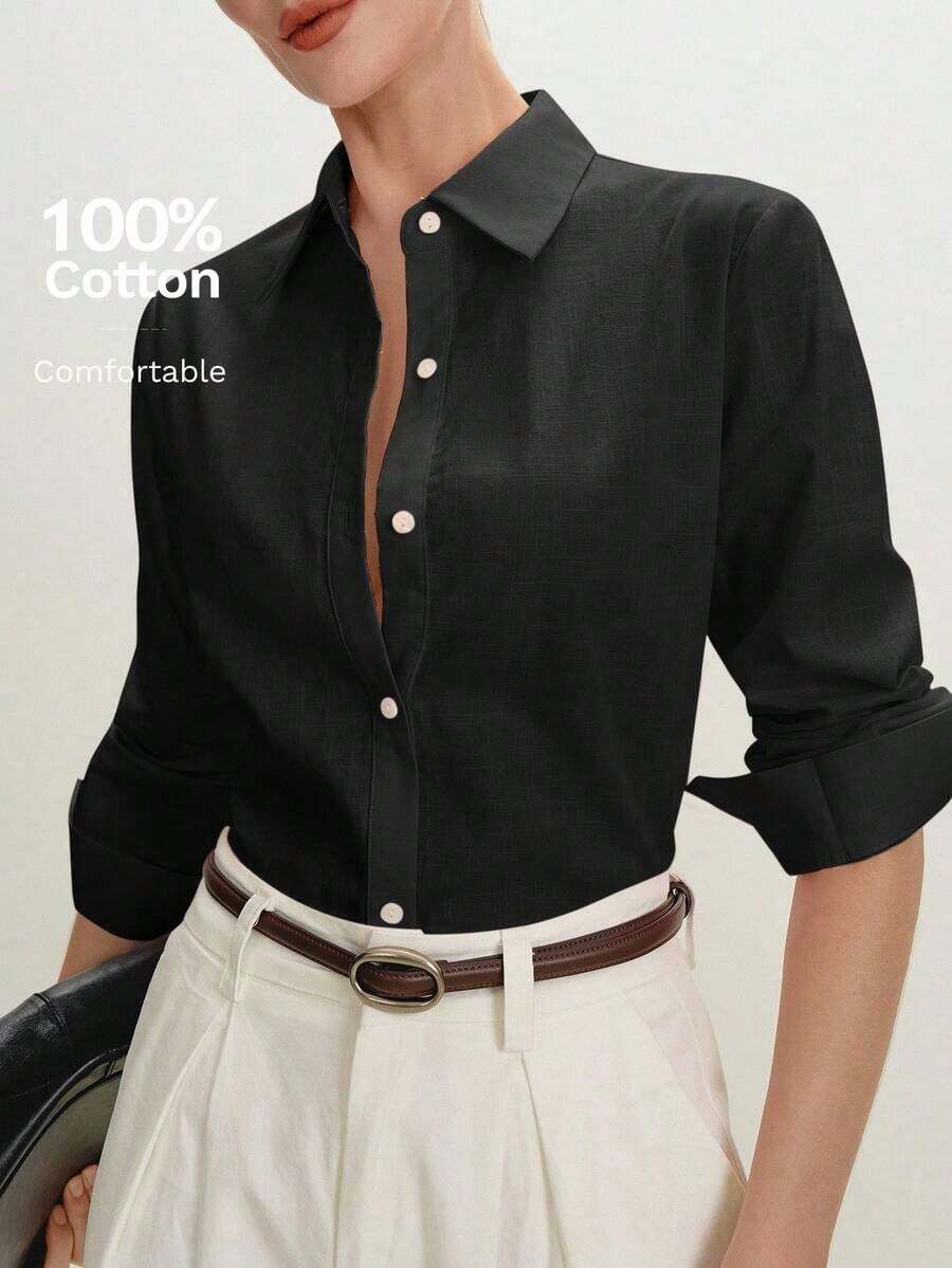 2026 Nueva Camisa Básica Versátil y Elegante para Mujer con Botones Delanteros y Cuello Mao en Color Azul Claro, Adecuada para Ir al Trabajo, Uso Diario, Estilo Retro de los 90, Navidad, Año Nuevo, Fiesta de San Valentín, Playa, Graduación, Moda, - Negro - Ver 1