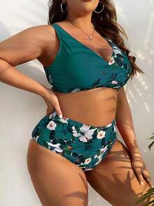 Conjunto de bikini con estampado tropical para la playa de verano en tallas grandes - Agua verde azul - Ver 3