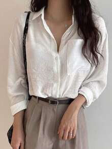 Camisa de bolsillo de un solo pecho sólido, Ropa de mujer de manga larga para otoño - Blanco - Ver 6