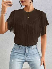 Camiseta De Verano De Moda Para Mujer unicolor Con Diseño De Borlas - Marrón Chocolate - Ver 1