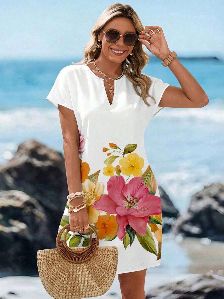 Vestido casual de mujer con estampado floral, cuello en V y manga corta para vacaciones - Multicolor 4 - Ver 1