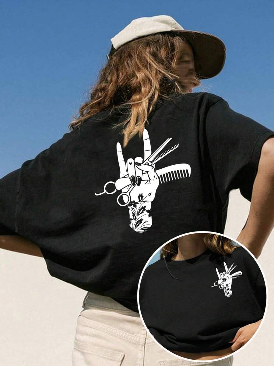Women's T-Shirt With One Love Reggae Style Print And Beach Palm Trees, Short Sleeve, Round Neck, Casual Summer T-Shirt, Fashionable Youth Top - 黑色 - 查看 1