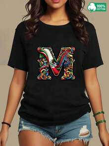 Camiseta de mujer de talla grande con estampado de dibujos animados divertidos, 1 pieza de blusas para mujeres, hermosas blusas para mujeres, conjuntos de ropa para mujeres, camiseta con letra M y águila mexicana, patrón impreso en blanco y negro, de alta calidad, cuello redondo, ajuste básico y suelto para hombres y mujeres, transpirable, versátil, lavable a máquina, cómodo, talla S 3XL, esencial para deportes casuales diarios de verano, 100% algodón. - Negro - Ver 2