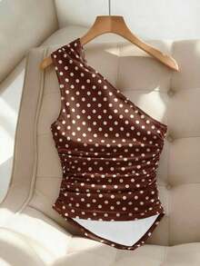 Blusa/Top/Camiseta de mujer con estampado de lunares rojos, hombro asimétrico/asimétrico, decoración de botón metálico, plisado asimétrico, adecuado para el Día de San Valentín, citas, vuelta al colegio, verano, playa, vacaciones, lunares retro - Marrón - Ver 2