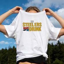 Women's Summer Clothing, Soft And Casual Cotton T-Shirt With Round Neck, "The Steelers Make Me Drink Rugby" Print For Rugby Enthusiasts. Black. - 白色 - 查看 1