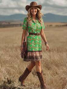 xheWildy Vestido midi bohemio de verano estilo vintage con estampado, estilo occidental americano country casual para mujeresxhe - Verde - Ver 4