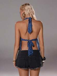 Elegante top de tirantes con escote en V y estampado de lunares para mujer, primavera/verano - Azul marino - Ver 2