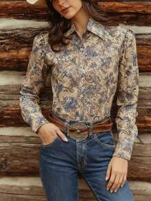 Camisa de moda casual de estilo retro bohemio con estampado, de manga larga, adecuada para uso casual, vacaciones y temporada de verano, elegante parte superior para primavera - Multicolor - Ver 3