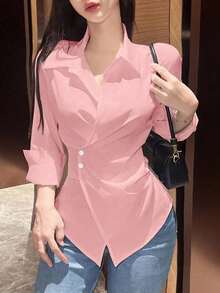 Blusa larga de manga larga con nudo de mujer, color liso, camisa de mujer para primavera y otoño, blusas de manga larga - Rosa vieja - Ver 1