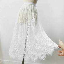 Elegant Black Skirt In 2 Lengths, Long Sheer Tulle Skirt With White Lace, High-Waisted Elastic Midi Beach Skirt, Drop Shipping - 白色 60厘米 - 查看 4