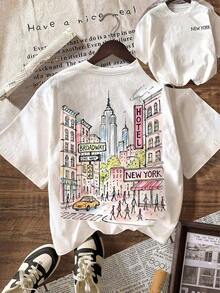 3pcs Camiseta gráfica de la ciudad de Nueva York, camiseta casual de mujer de cuello redondo y manga corta, conjunto de vacaciones de verano,Soft Fabric, Loose Design, Round Neck, Short Sleeves, Springsummer, Daily Wear - Blanco - Ver 1