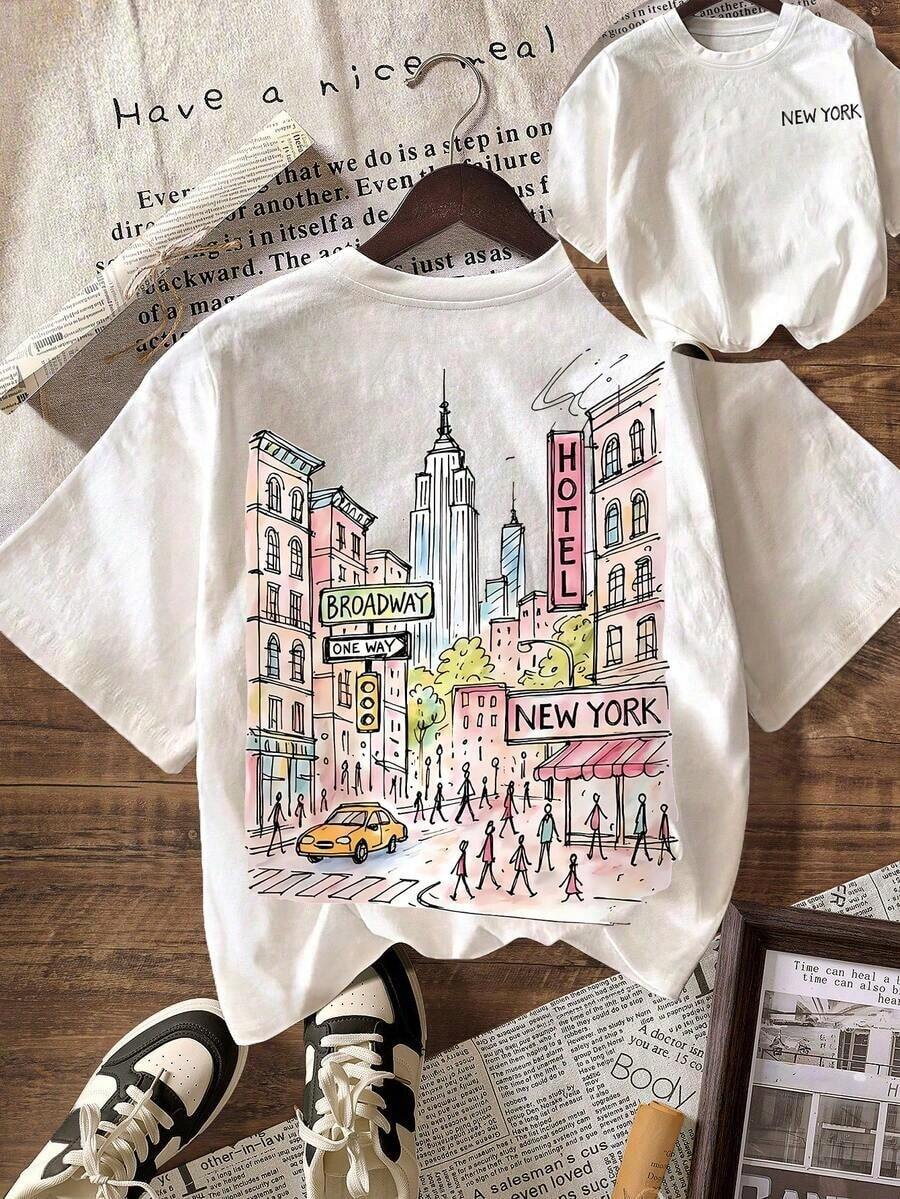 3pcs Camiseta gráfica de la ciudad de Nueva York, camiseta casual de mujer de cuello redondo y manga corta, conjunto de vacaciones de verano,Soft Fabric, Loose Design, Round Neck, Short Sleeves, Springsummer, Daily Wear - Blanco - Ver 1