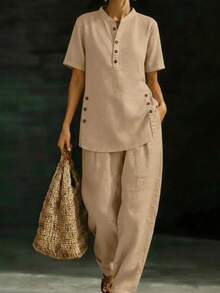 Two-Piece Linen Set With Comfortable And Casual Button-Down Shirt And Wide-Leg Trousers - Khaki - View 1