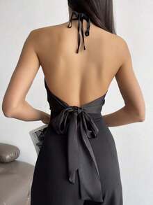 Camiseta de tirantes con cuello halter y bajo asimétrico para mujer - Negro - Ver 2
