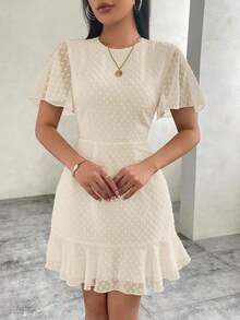 Vestido corto de mujer con estampado de lunares, mangas con volantes y diseño en línea A de gasa - Albaricoque - Ver 3