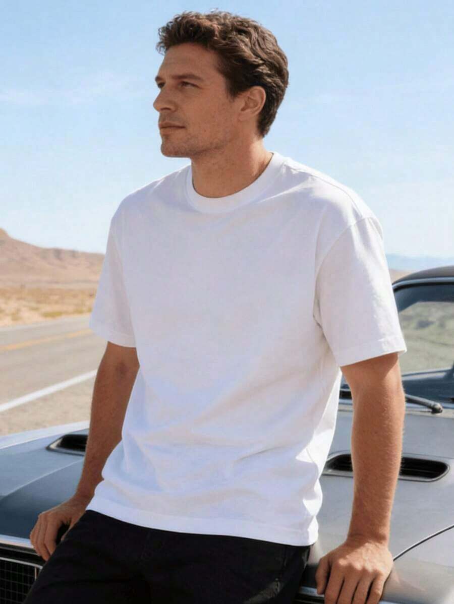 Men's Black And White Pure Cotton T-Shirt, Short Sleeve, Crew Neck, Plain, Basic, Soft, Comfortable, Breathable, For Casual Daily Wear, Loose Fit, Unisex, Minimalist, Gift Idea 2026 - 白色 - 查看 1