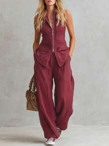 Conjunto de pantalón y top sin mangas con cremallera y cuello alto de un solo color - rojo ladrillo - Ver 1
