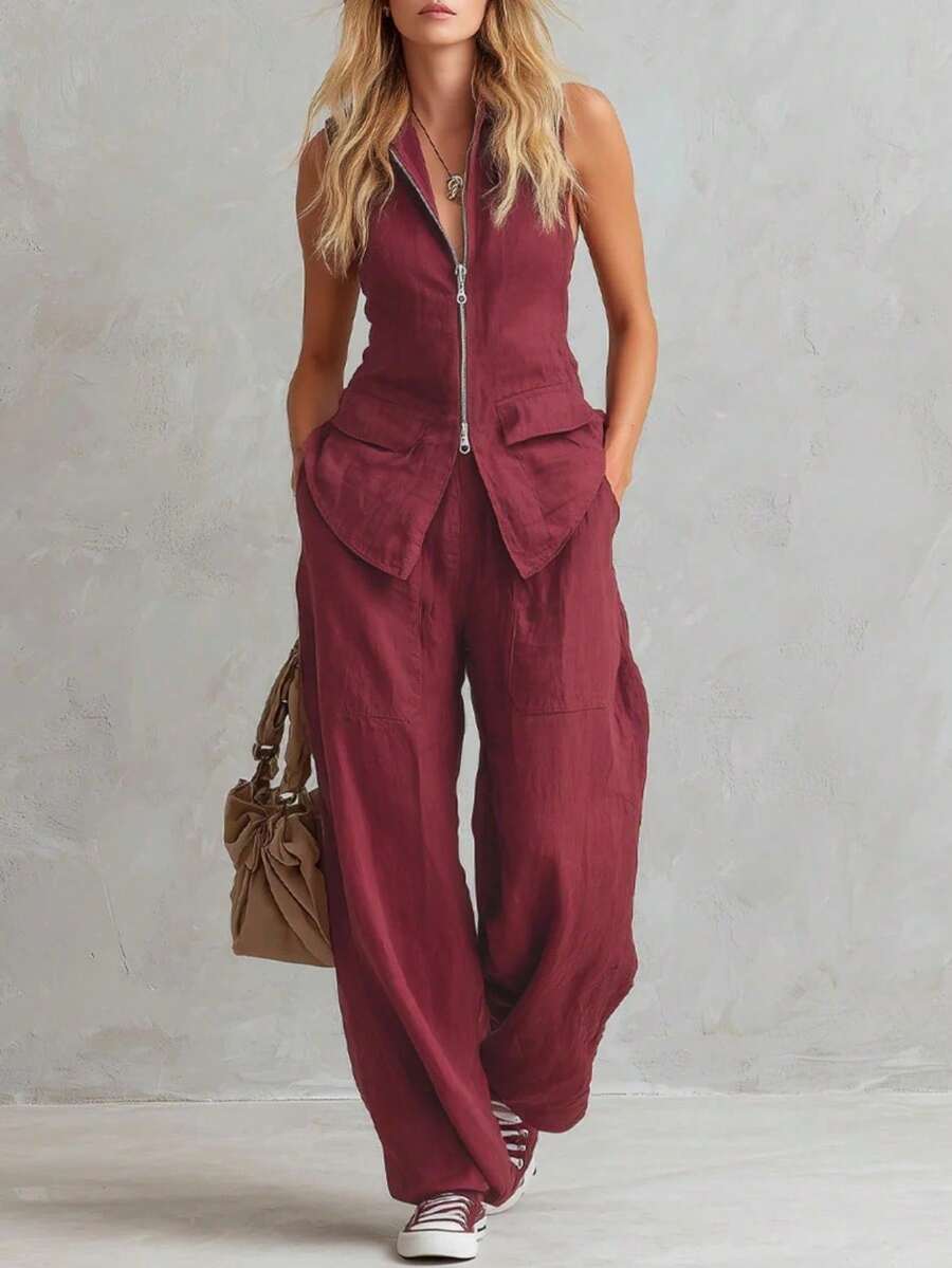 Conjunto de pantalón y top sin mangas con cremallera y cuello alto de un solo color - rojo ladrillo - Ver 1