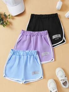 3pcs/Set Tween Girl Summer: Macaroon Color Shorts, For Outdoor, Spring/Summer, Elastic, Regular Fit, Polyester Blend, Outdoor Gift - Multicolor - View 3