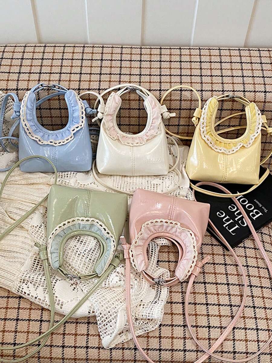 Lace Trim Handbag, Pastel Macaron Color Crossbody Bag, Pleated Cute Mini Purse